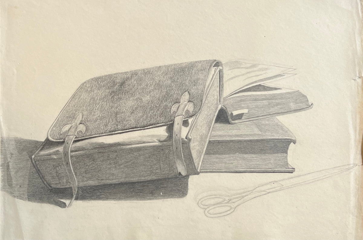 Georgia Skovgaard. Still life with tornister, scissors and books