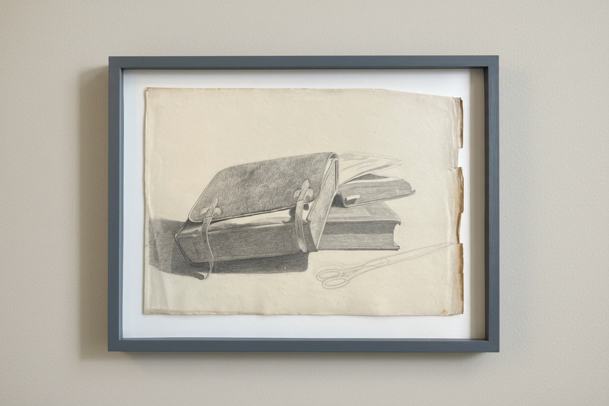 Georgia Skovgaard. Still life with tornister, scissors and books