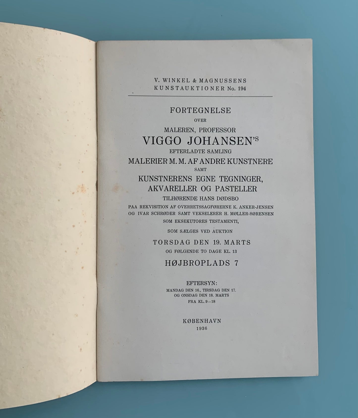 Viggo Johansen. Catalogue from the artists estate auction, 1936