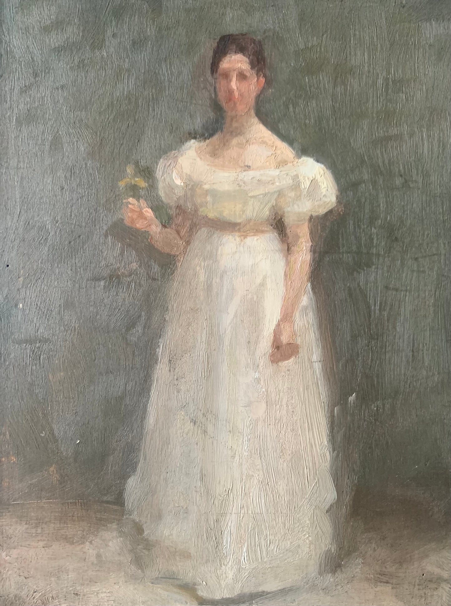 Julius Paulsen. A woman in white holding a flower, ca 1900