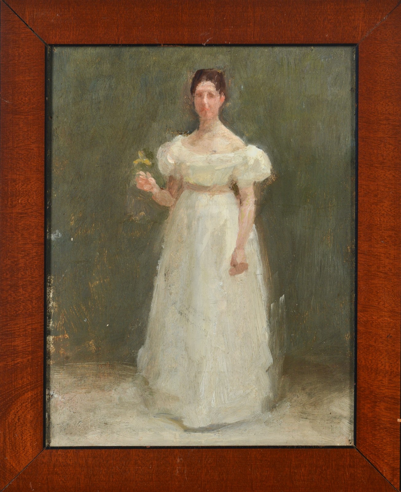 Julius Paulsen. A woman in white holding a flower, ca 1900
