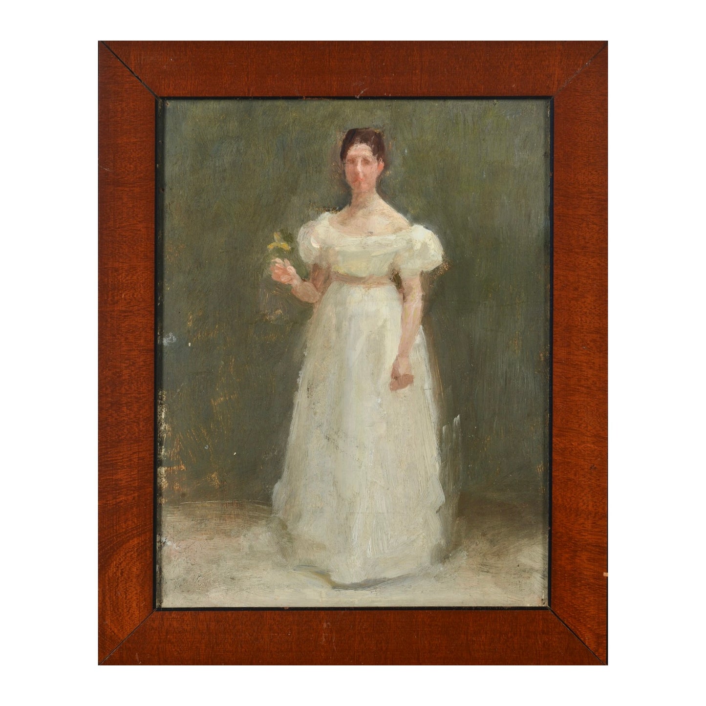 Julius Paulsen. A woman in white holding a flower, ca 1900